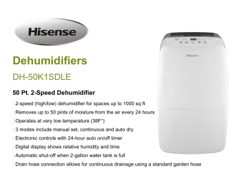 Hisense DH 50K1SDLE 50 Pint 2 Speed Dehumidifier Specification Manualzz