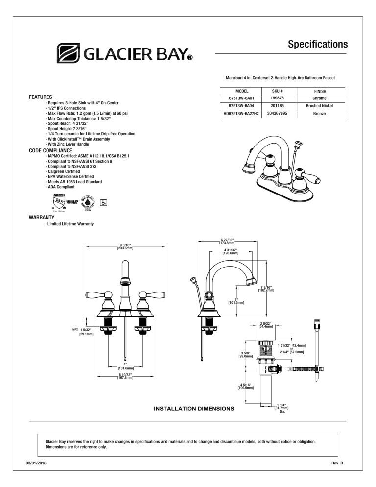 Glacier Bay 67513W-6A04 Specification Glacier Bay 67513W-6A04 Specification