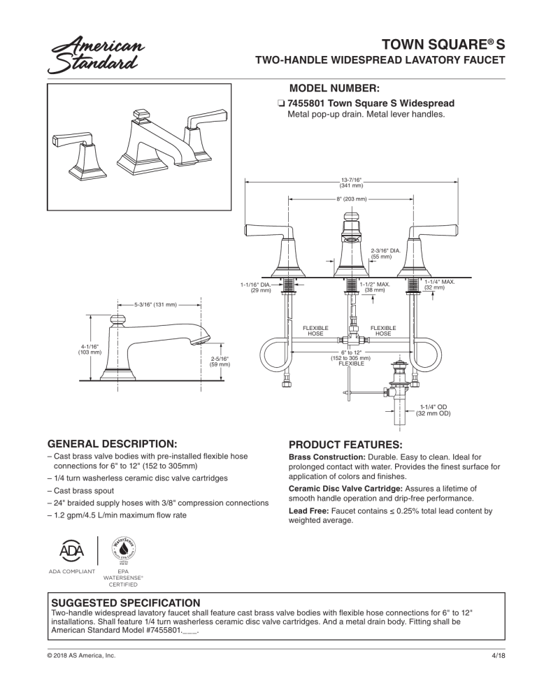 American Standard 7455801.278 Specification American Standard 7455801.278 Specification