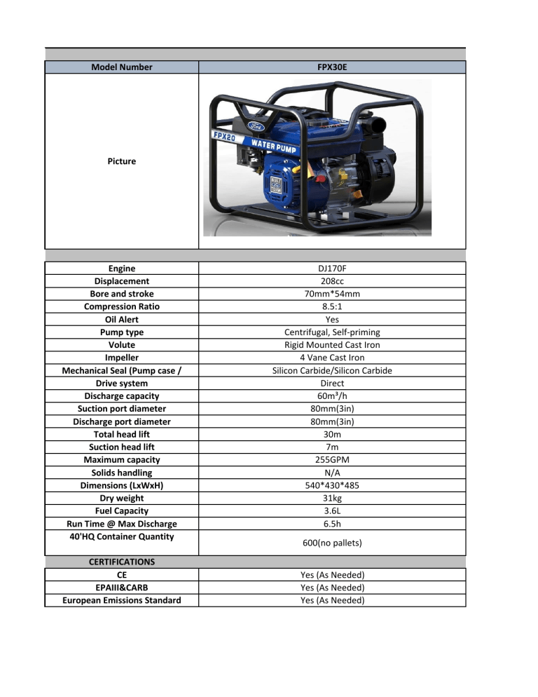Ford FPX30E Specification Ford FPX30E Specification