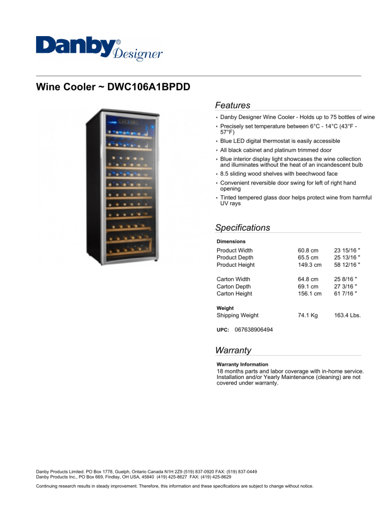 Danby DWC106A1BPDD Specification Danby DWC106A1BPDD Specification