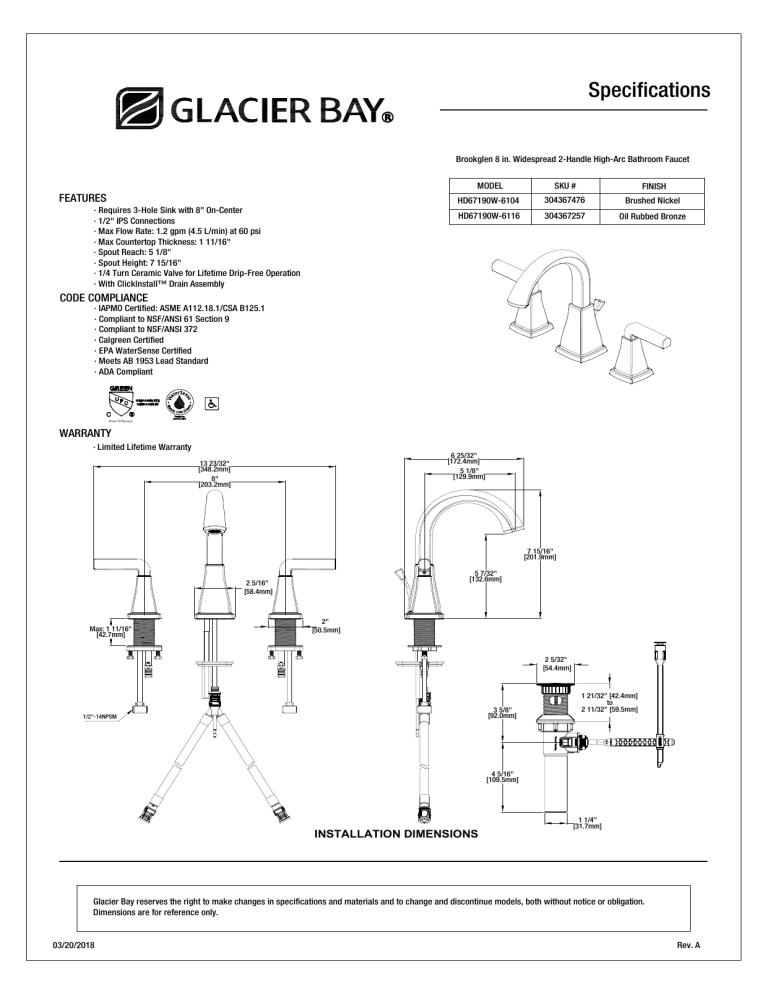 Glacier Bay HD67190W-6116 Specification Glacier Bay HD67190W-6116 Specification