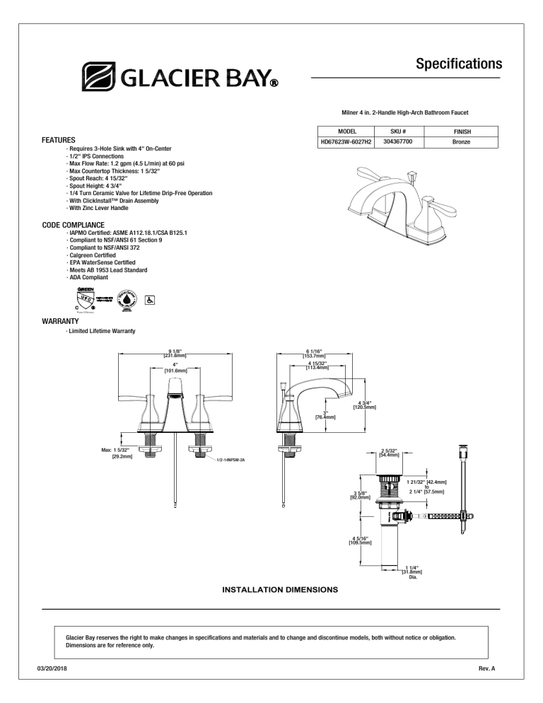 Glacier Bay HD67623W-6027H2 Specification Glacier Bay HD67623W-6027H2 Specification