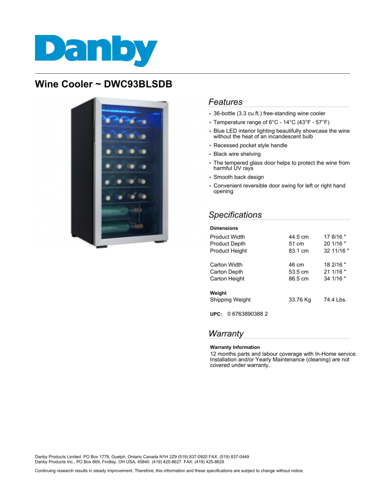 Danby DWC93BLSDB Specification Danby DWC93BLSDB Specification