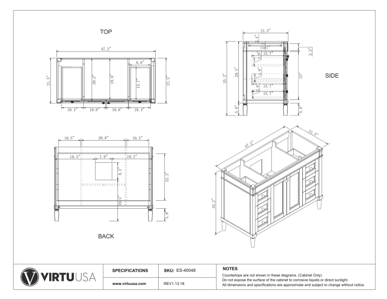 Virtu USA ES-40048-CAB-ES Specification Virtu USA ES-40048-CAB-ES Specification