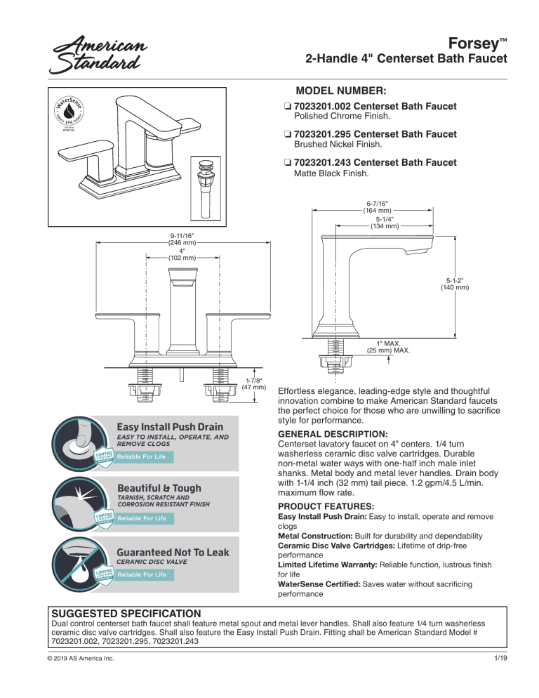 American Standard 7023201.002 Specification American Standard 7023201.002 Specification