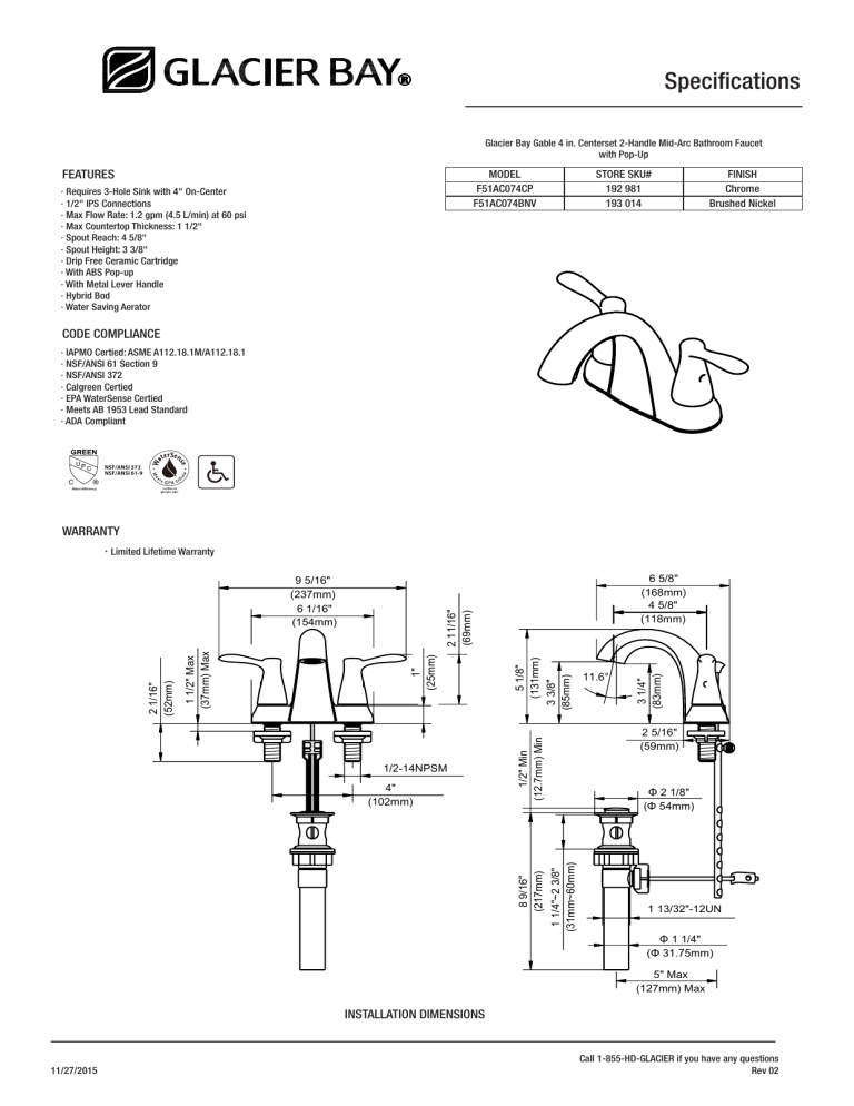 Glacier Bay F51AC074ORB Specification Glacier Bay F51AC074ORB Specification