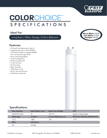 Feit Electric T848/4WY/LEDI/4, T848/4WY/LEDI/12 Specification Feit Electric T848/4WY/LEDI/4, T848/4WY/LEDI/12 Specification