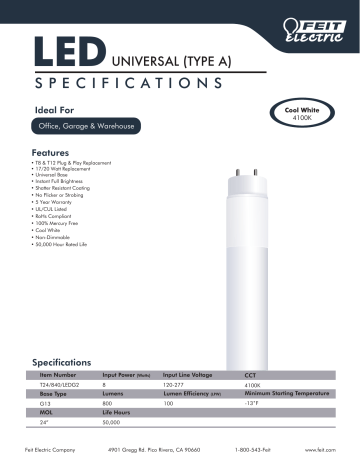 Feit Electric T24/840/LEDG2/4 Specification Feit Electric T24/840/LEDG2/4 Specification