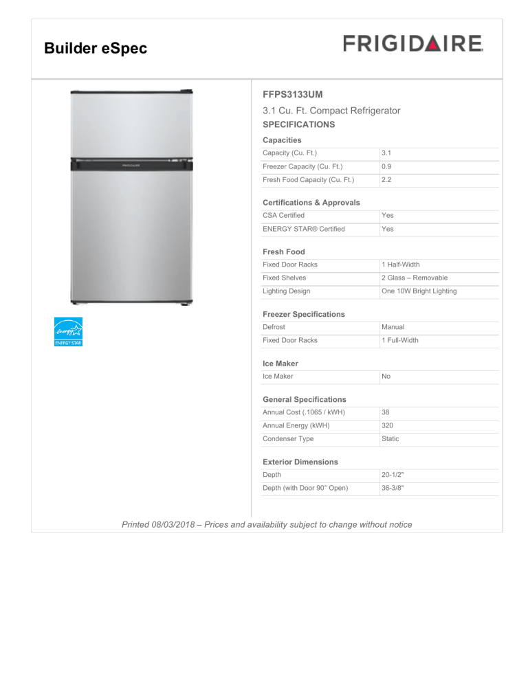Frigidaire FFPS3133UM Specification Frigidaire FFPS3133UM Specification