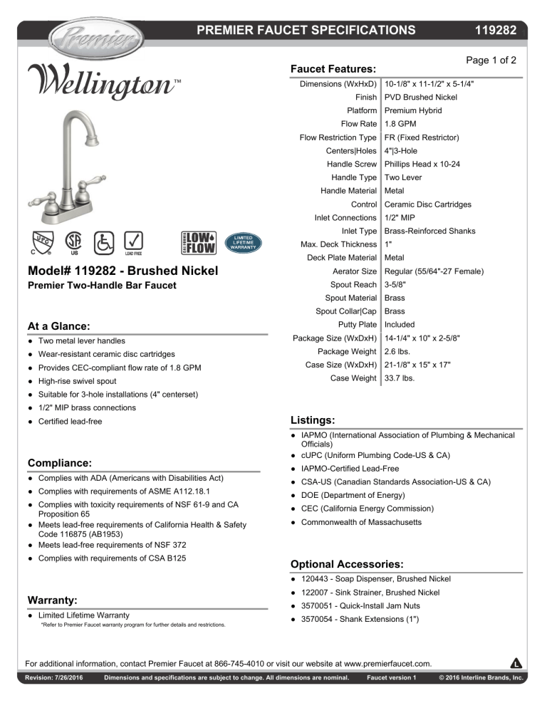 Premier 65459W-0101 Specification Premier 65459W-0101 Specification