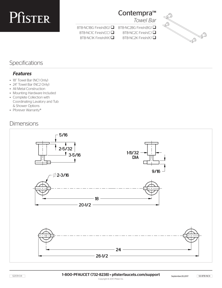 Pfister BTB-NC2K Specification Pfister BTB-NC2K Specification