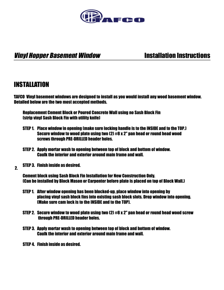 TAFCO WINDOWS PV-HOP32X14 Installation guide TAFCO WINDOWS PV-HOP32X14 Installation guide