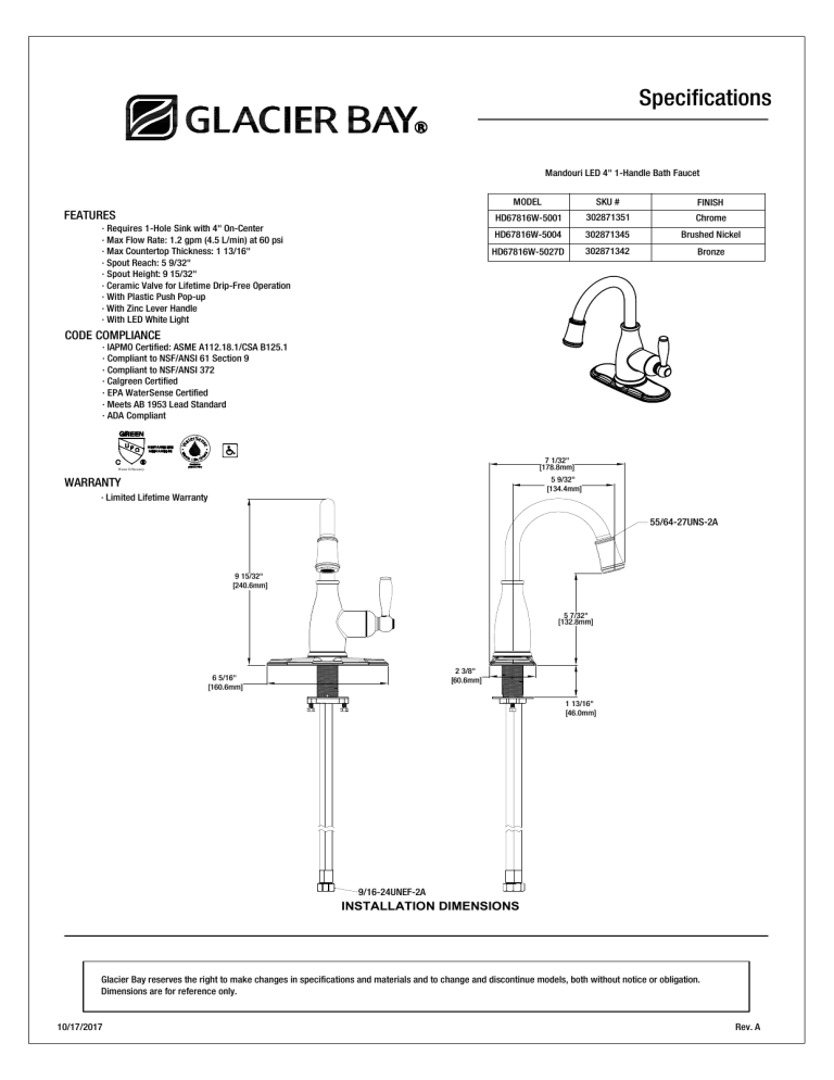 Glacier Bay HD67816W-5027D, HD67816W-5004 Specification Glacier Bay HD67816W-5027D, HD67816W-5004 Specification