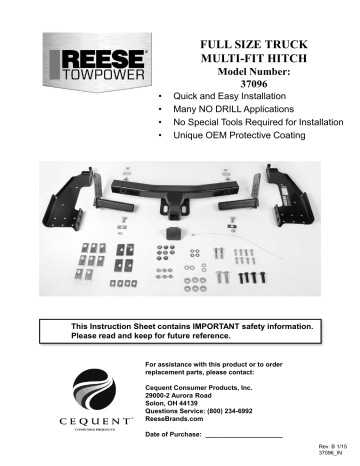 Reese Towpower 37096 Class IV Multi Fit Hitch Guide D Installation