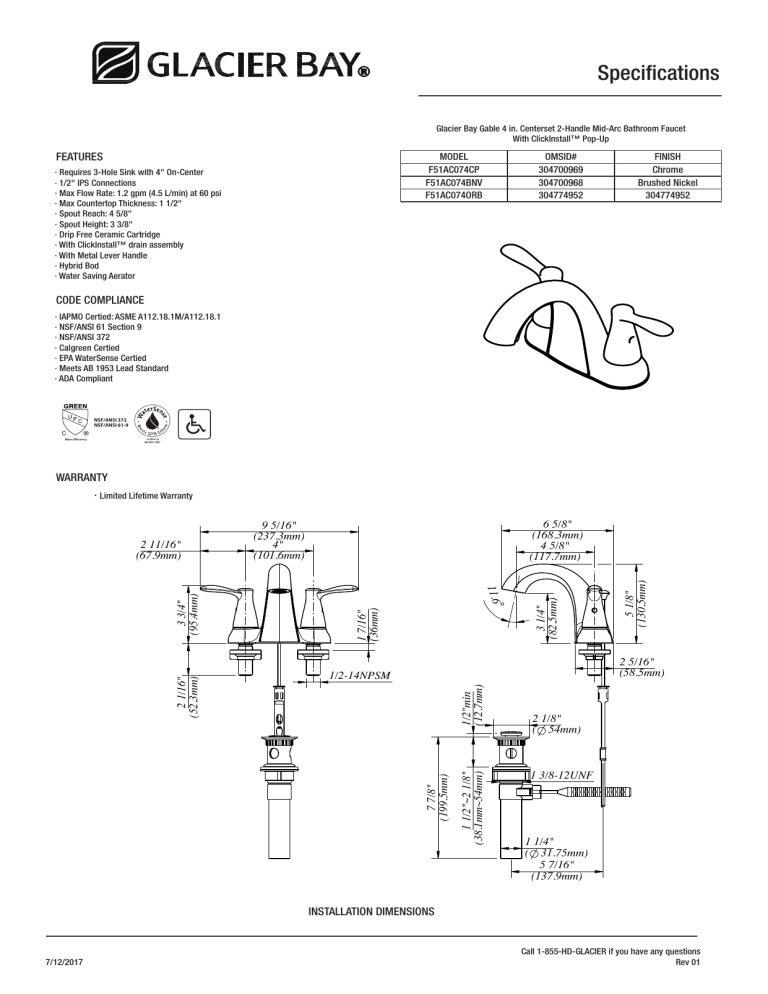 Glacier Bay F51A0074CP Specification Glacier Bay F51A0074CP Specification