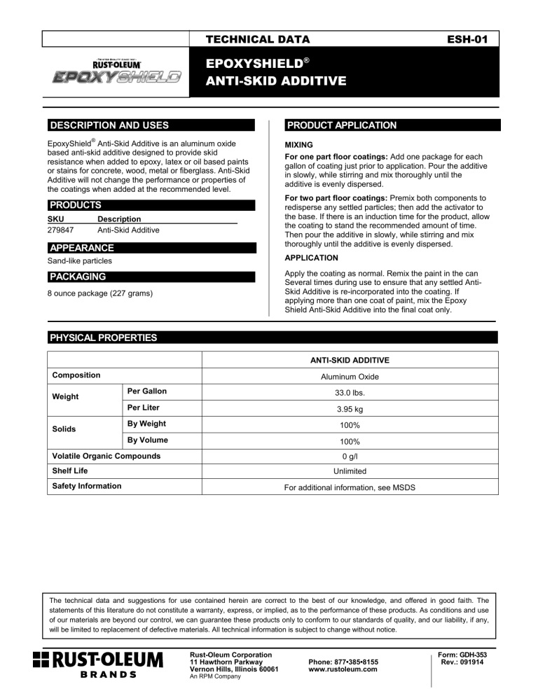 Rust-Oleum EpoxyShield 279847 Specification Rust-Oleum EpoxyShield 279847 Specification