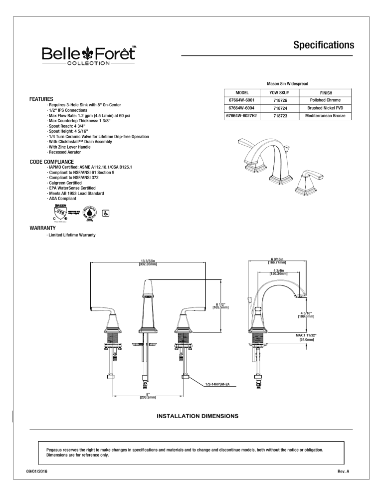 Glacier Bay 67664W-6004 Specification Glacier Bay 67664W-6004 Specification