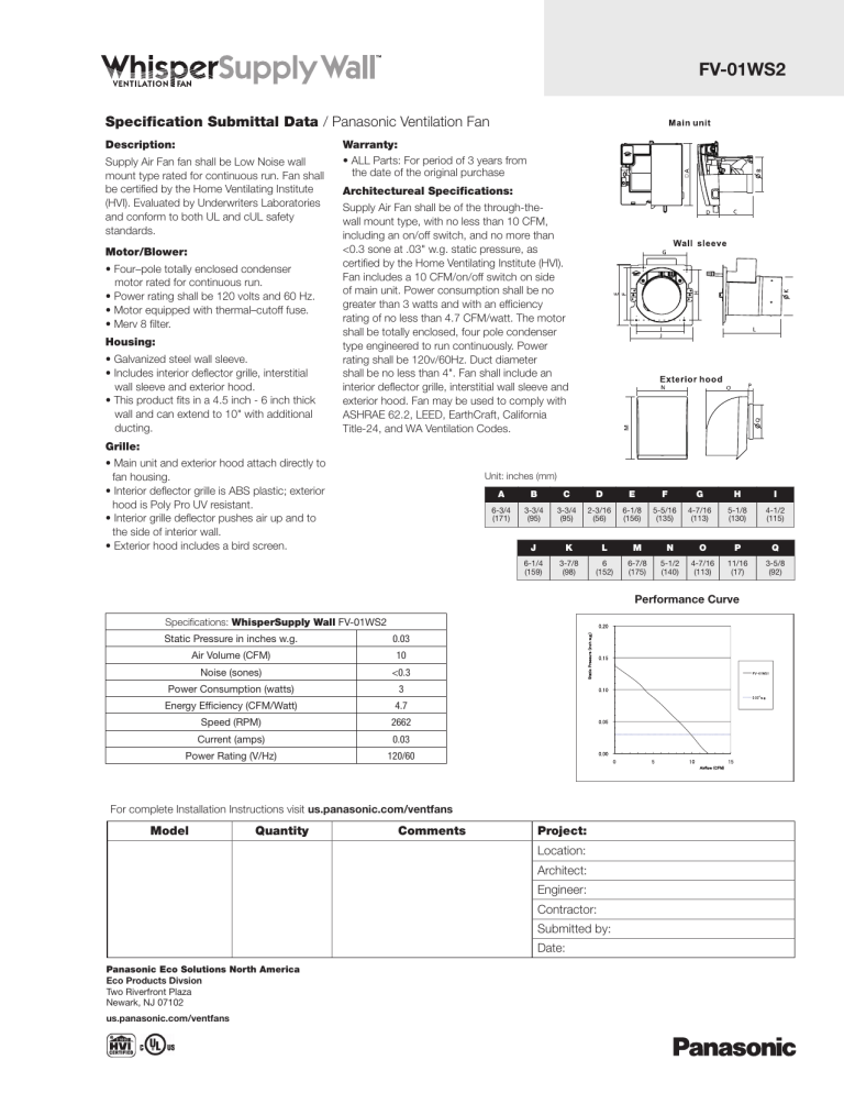 Panasonic FV-01WS2 Specification Panasonic FV-01WS2 Specification