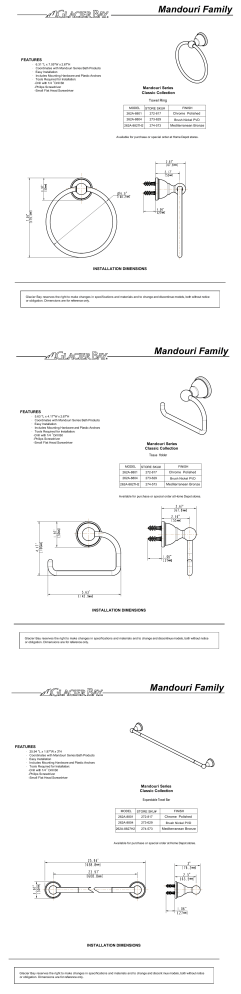 Glacier Bay 262A-8804 Specification Glacier Bay 262A-8804 Specification