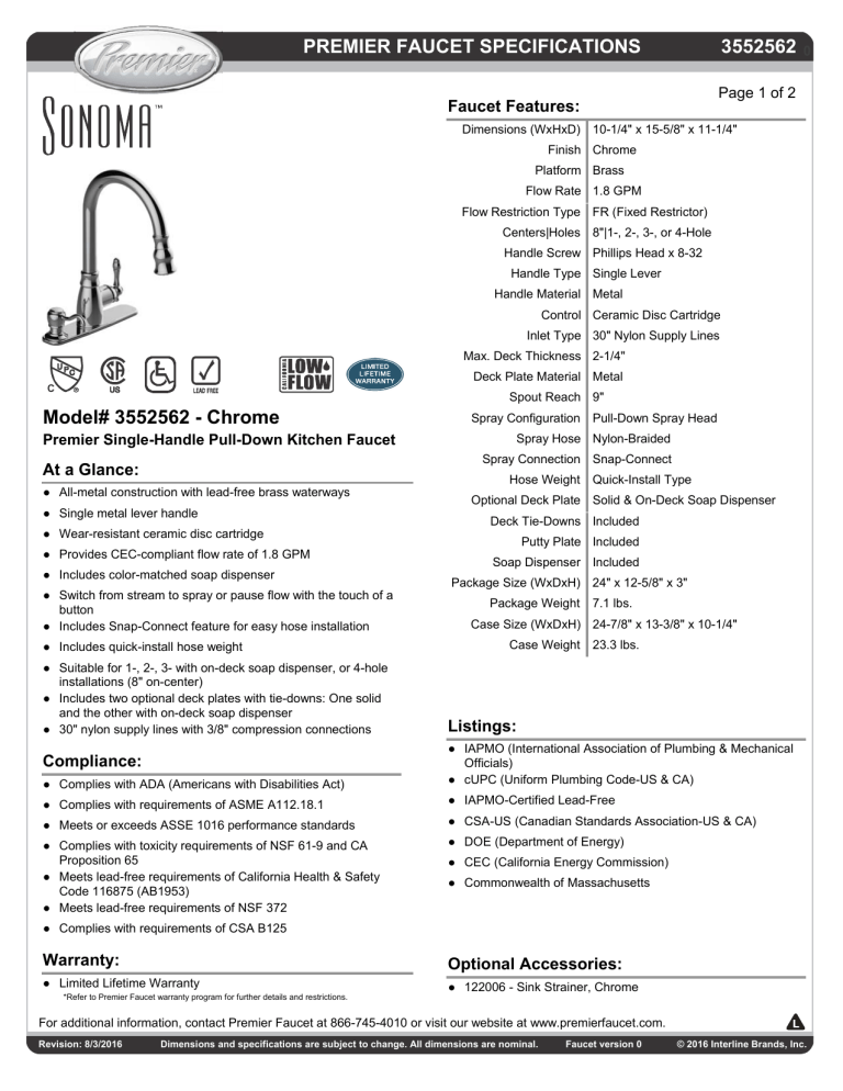 Premier 3552562 Specification Premier 3552562 Specification