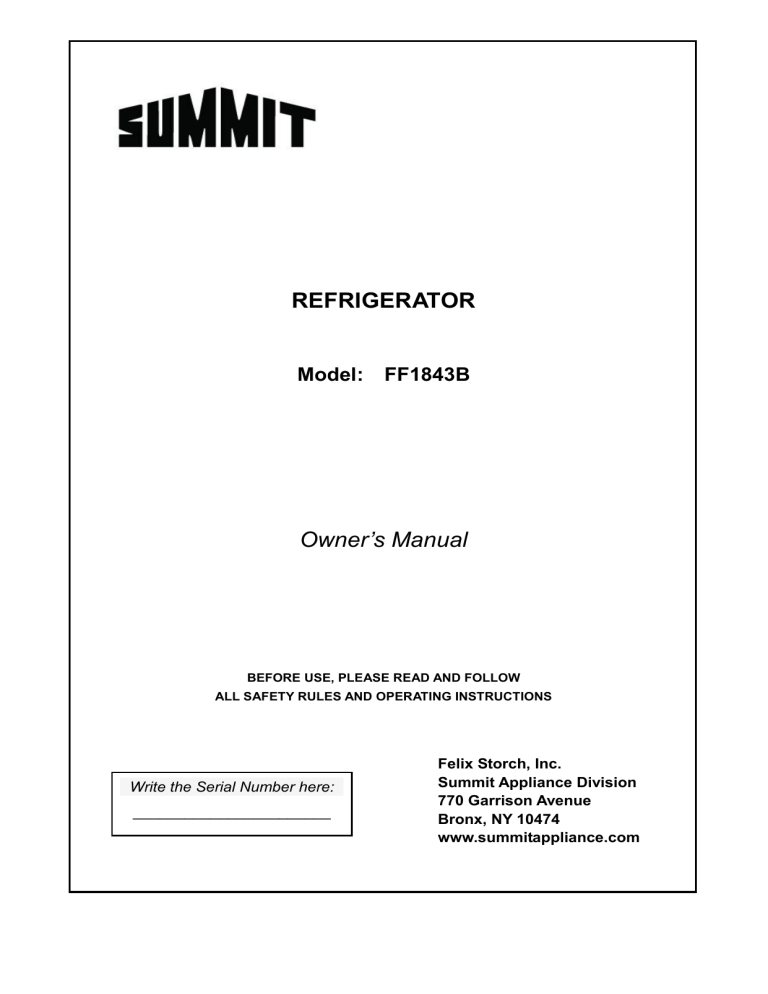 Summit Appliance FF1843BSS User manual Summit Appliance FF1843BSS User manual