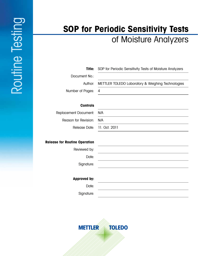 Mettler Toledo Test Procedure for Moisture Analyzer Sensitivity Testing Operating instructions Mettler Toledo Test Procedure for Moisture Analyzer Sensitivity Testing Operating instructions