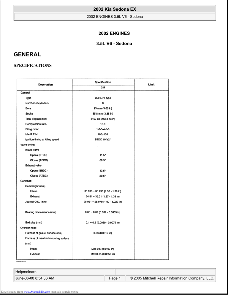 KIA Sedona 2002 ENGINES 3.5L V6 User manual KIA Sedona 2002 ENGINES 3.5L V6 User manual