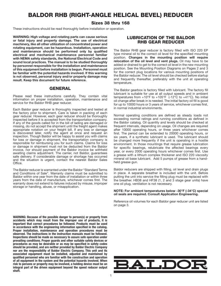 Dodge RHB (Right-Angle Helical Bevel) Reducer - Sizes 38 thru 168 Owner's manual Dodge RHB (Right-Angle Helical Bevel) Reducer - Sizes 38 thru 168 Owner's manual
