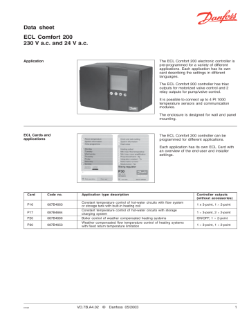 Danfoss ECL Comfort 200 Data Sheet | Manualzz Danfoss ECL Comfort 200 Data Sheet | Manualzz