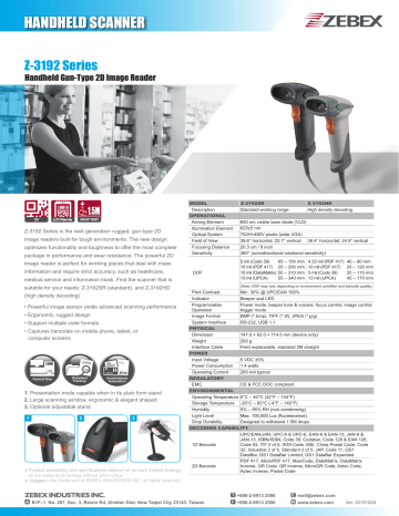 Zebex Z-3192 Series Datasheet Zebex Z-3192 Series Datasheet