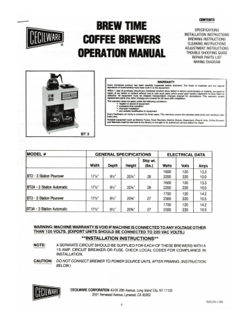 Cecilware BT2 Operation Manual | Manualzz