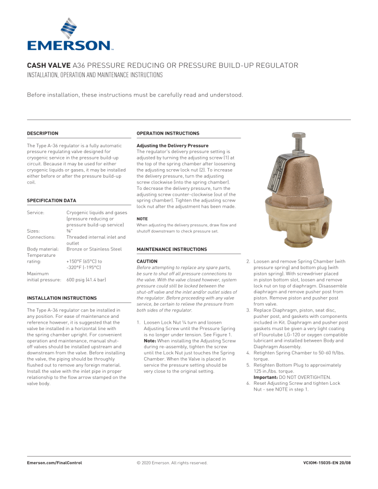 Cash Valve Type A36 Pressure Reducing or Pressure Build-Up Regulator Owner's manual Cash Valve Type A36 Pressure Reducing or Pressure Build-Up Regulator Owner's manual