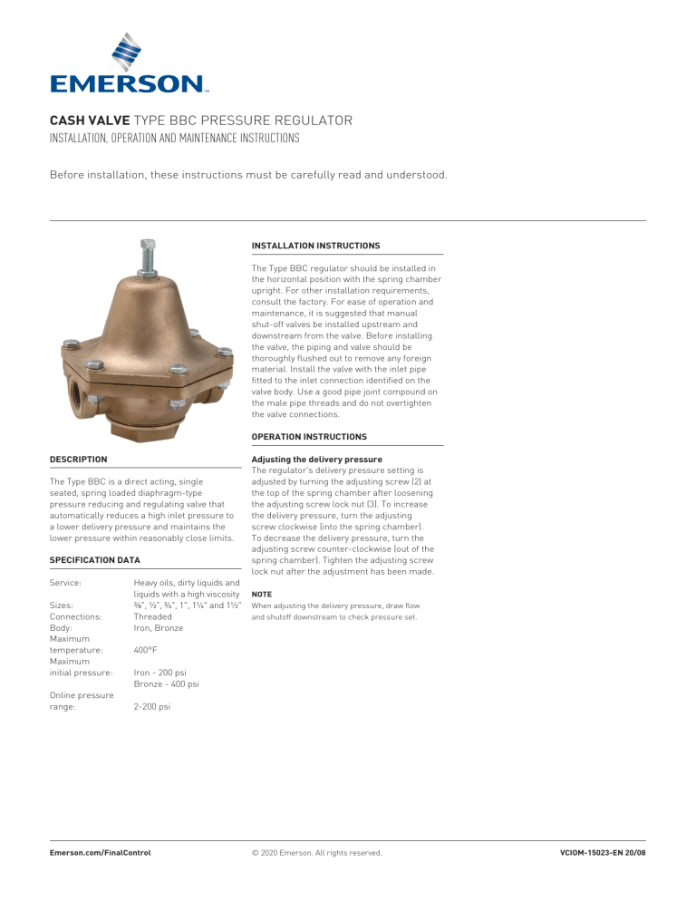 Cash Valve BBC Pressure Regulators Owner's manual Cash Valve BBC Pressure Regulators Owner's manual
