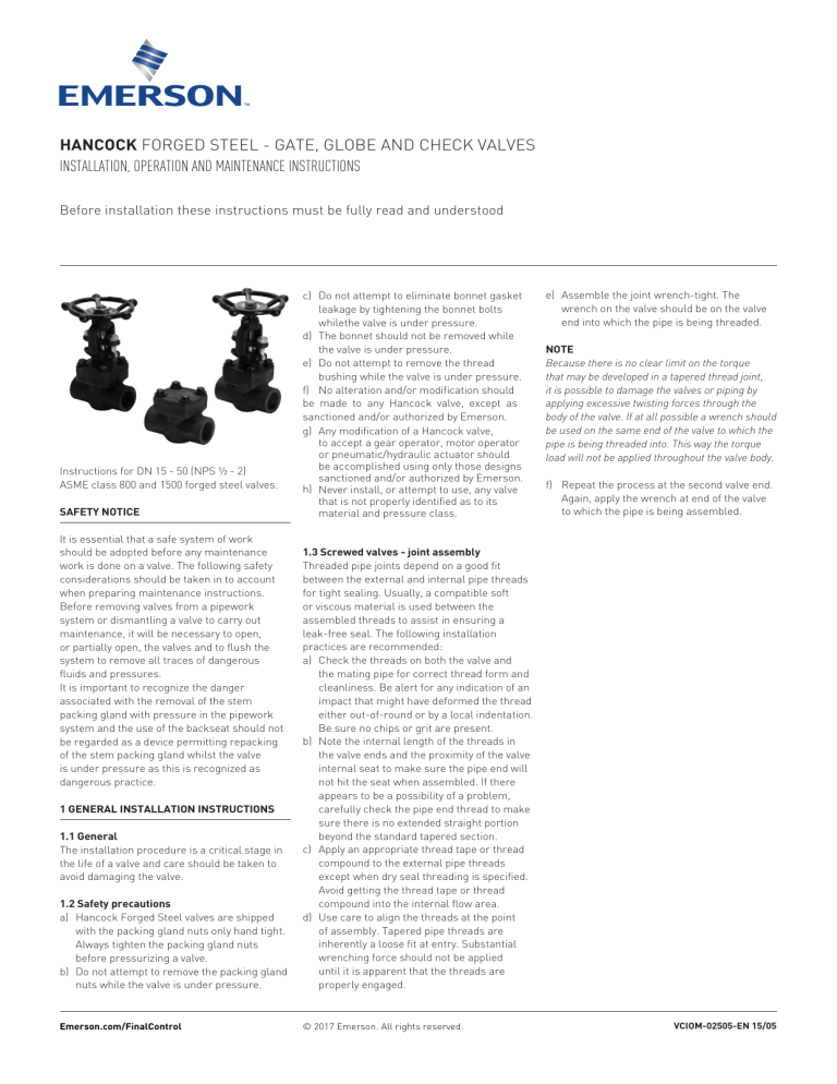 Hancock Forged Steel Gate, Globe and Check Valves IOM Owner's manual Hancock Forged Steel Gate, Globe and Check Valves IOM Owner's manual