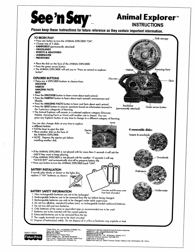Mattel Animal Explorer User manual Mattel Animal Explorer User manual