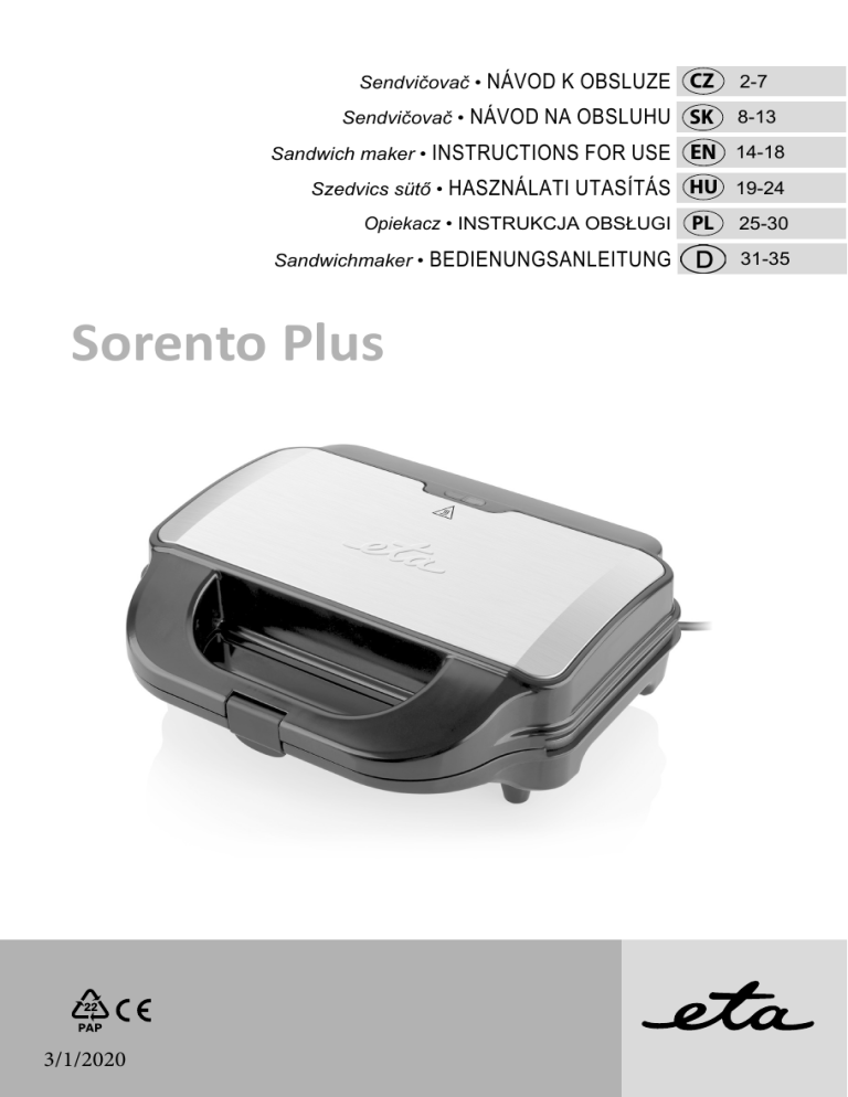 eta Sorento Plus 5151 90000 Operating instructions eta Sorento Plus 5151 90000 Operating instructions