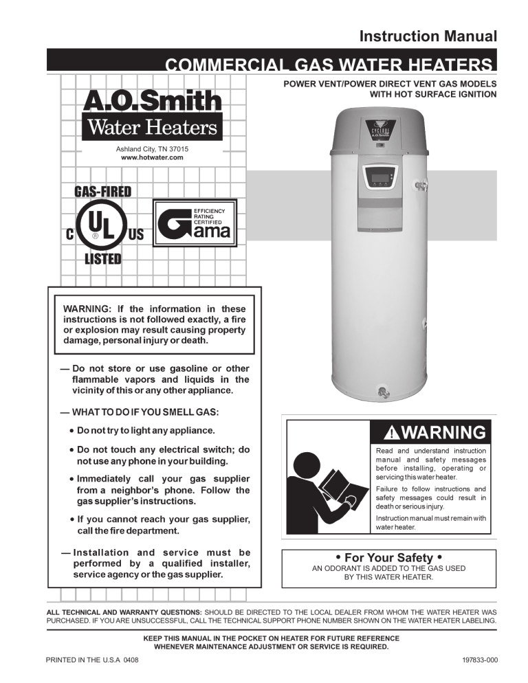 A.O. Smith Commercial gas water heaters, 100 Series Instruction manual A.O. Smith Commercial gas water heaters, 100 Series Instruction manual
