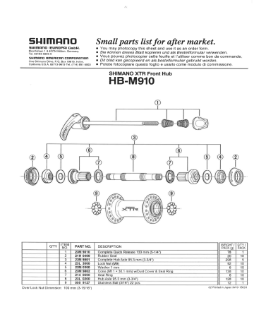 Shimano HB M910 Hub Depan Exploded View Manualzz