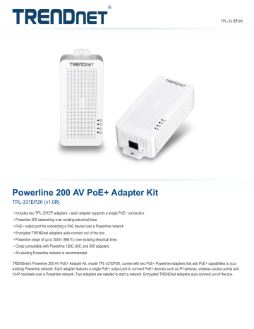 TRENDnet RB-TPL-331EP2K Powerline 200 AV PoE+ Adapter Kit Datasheet | Manualzz TRENDnet RB-TPL-331EP2K Powerline 200 AV PoE+ Adapter Kit Datasheet | Manualzz