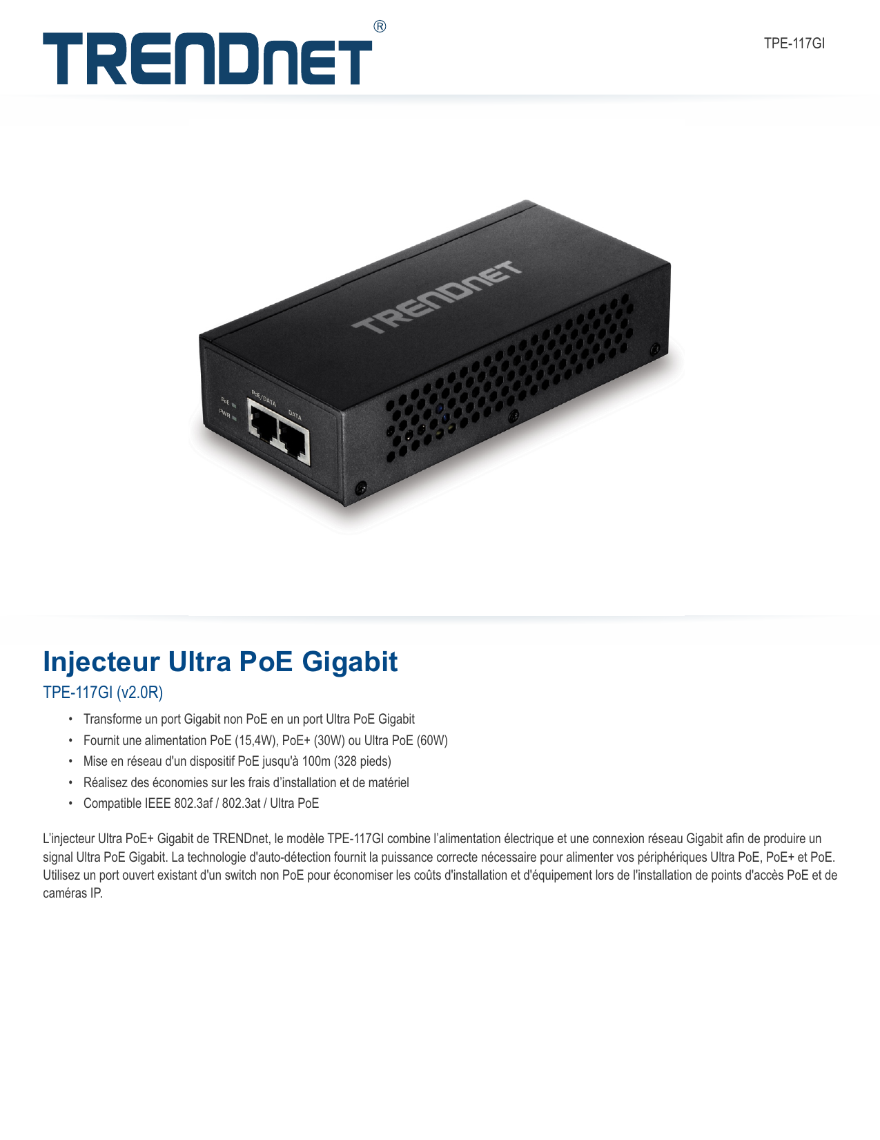 Trendnet Tpe Gi Gigabit Ultra Poe Injector Fiche Technique Manualzz