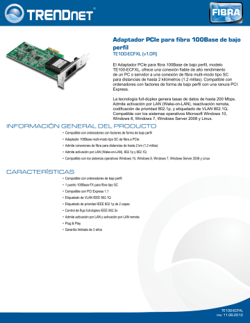 Trendnet TE100-ECFXL Low Profile 100Base SC Fiber PCIe Adapter Ficha de datos | Manualzz Trendnet TE100-ECFXL Low Profile 100Base SC Fiber PCIe Adapter Ficha de datos | Manualzz