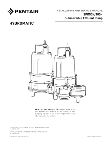 Hydromatic SPD50H 100H Submersible Effluent Pumps Owner S Manual Manualzz