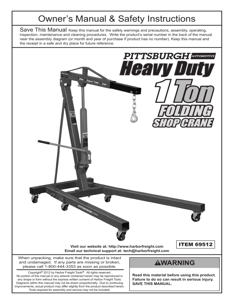 Pittsburgh Automotive 69512 Owner's manual Pittsburgh Automotive 69512 Owner's manual