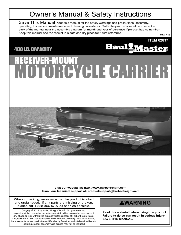 Haul-Master 62837 Owner's manual Haul-Master 62837 Owner's manual