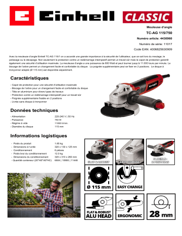 Einhell Tc Ag Angle Grinder Fiche Technique De Produit Manualzz