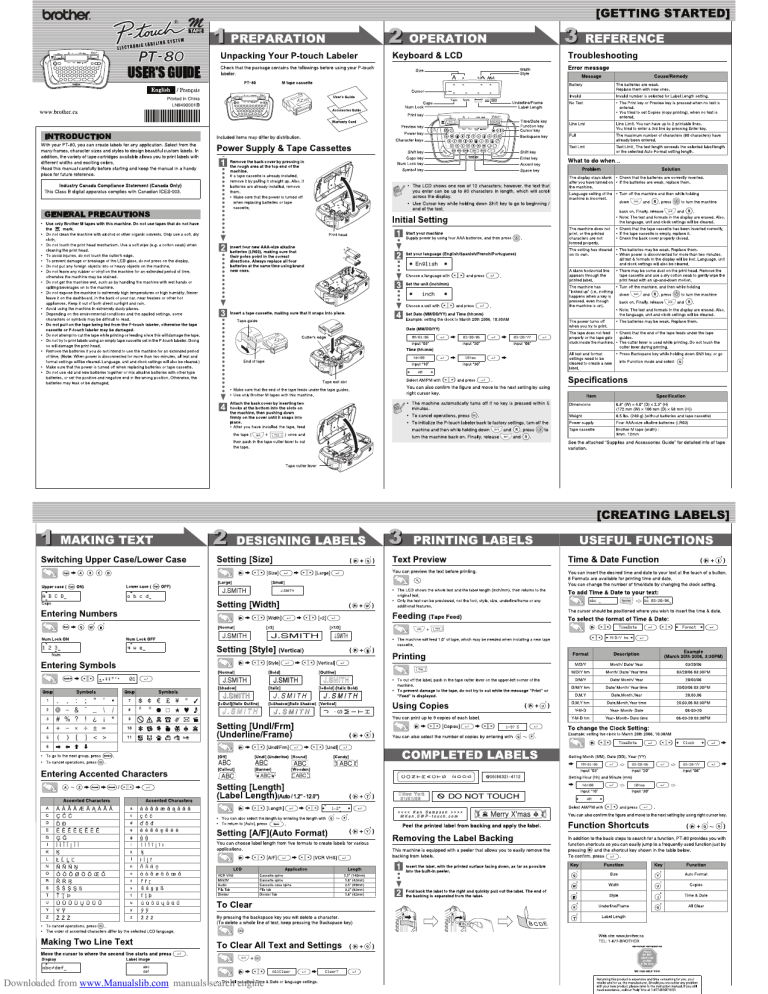 Brother P-touch PT-80 User manual Brother P-touch PT-80 User manual