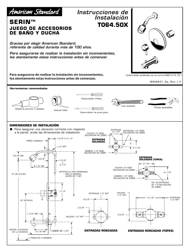 American Standard T064508.295 Installation guide American Standard T064508.295 Installation guide