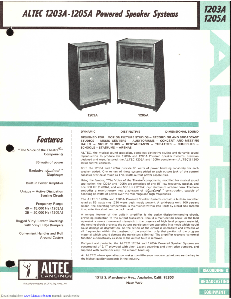 Altec Lansing 1203A SPEAKER SYSTEM, 1205A User manual Altec Lansing 1203A SPEAKER SYSTEM, 1205A User manual