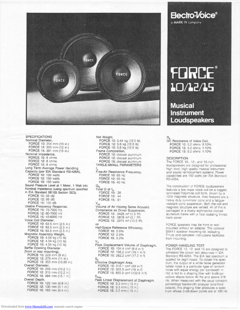 Electro-Voice Force 15, Force 10 Specification Electro-Voice Force 15, Force 10 Specification